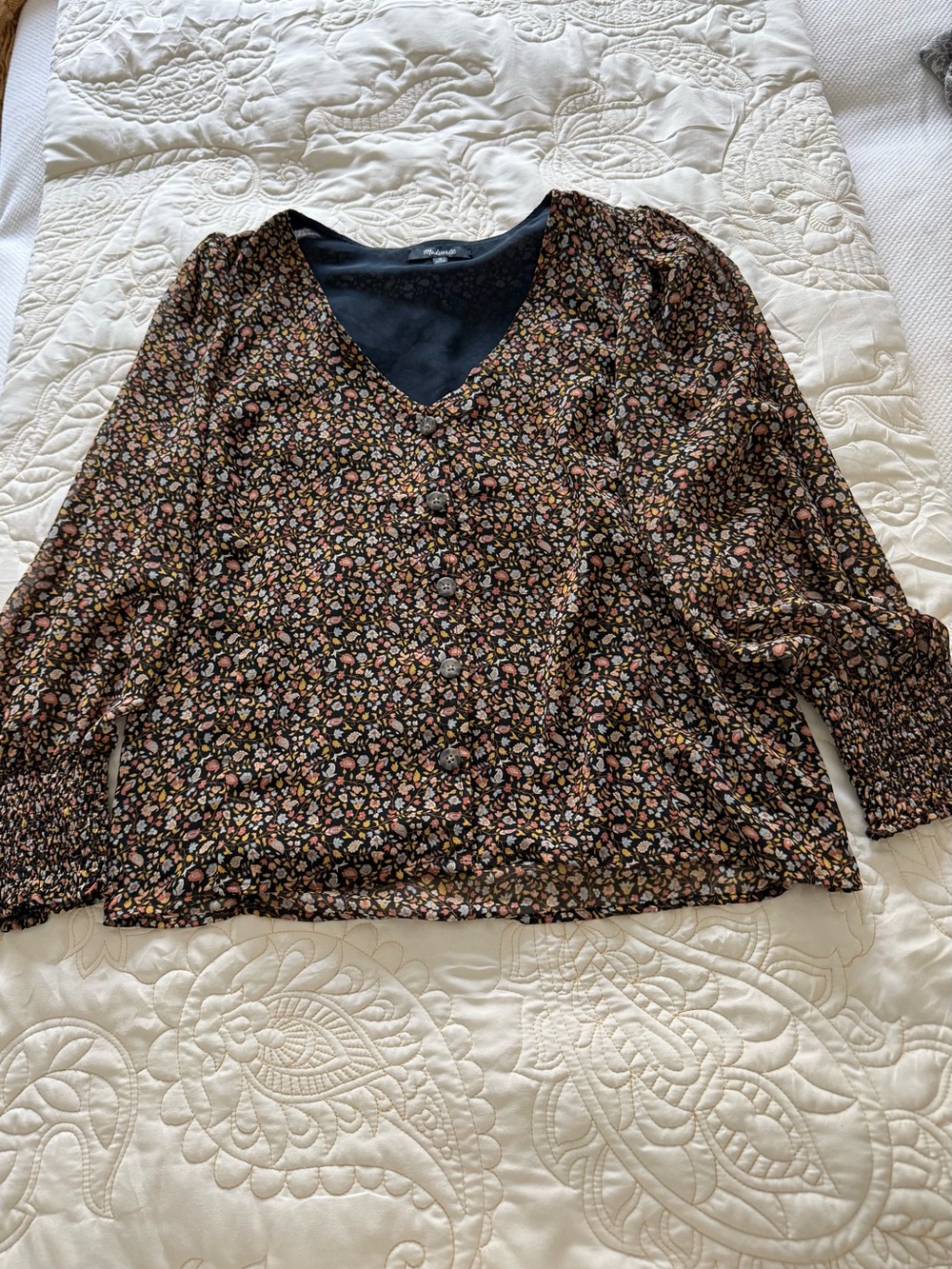 Madewell Floral V-Neck Long Sleeve Blouse - Black